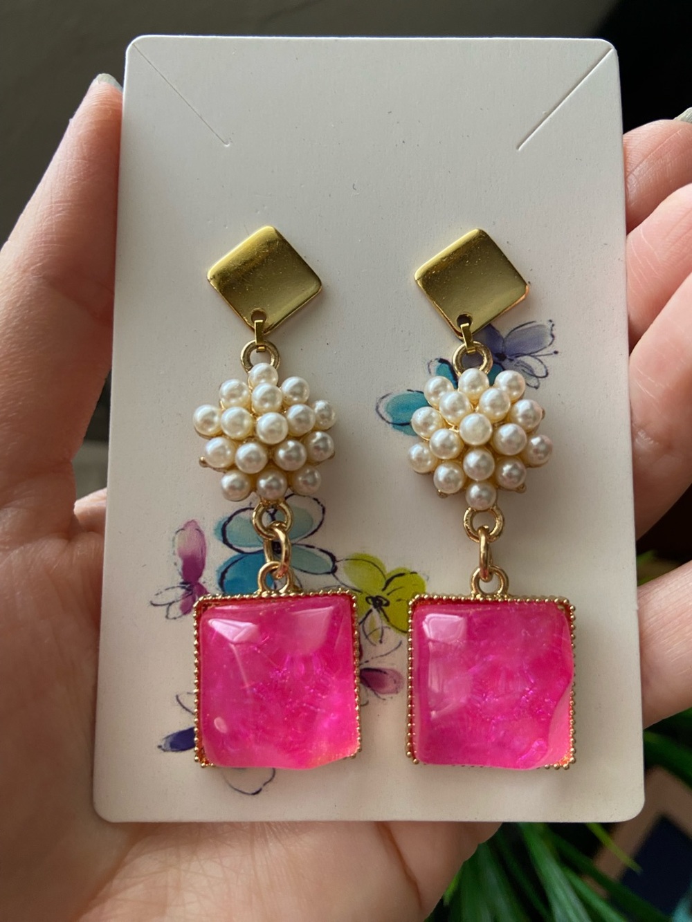 Gold Pearl Cluster Drop Earrings with Hot Pink Square Accent